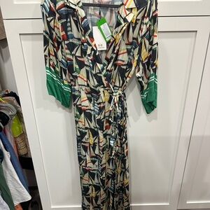La Martina NWT Sailboat Print 3/4 Sleeve Wrap Dress with Green Accents